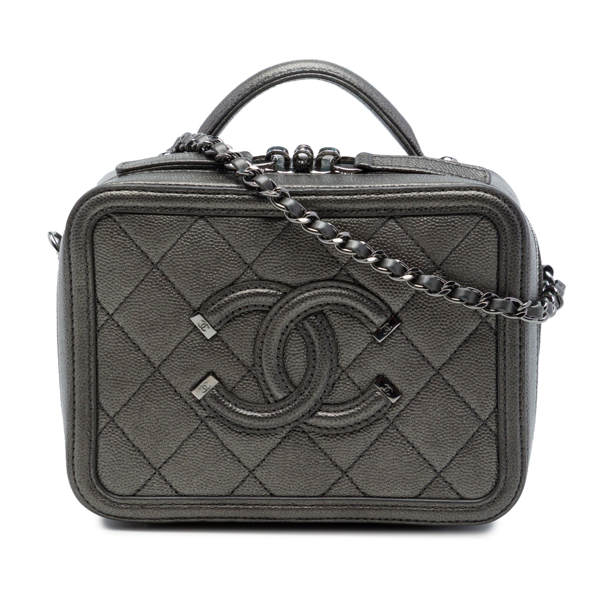 Second hand Chanel Vanity Case Small Caviar Leather CC Filigree Quilted Camera Crossbody Grey - Tabita Bags