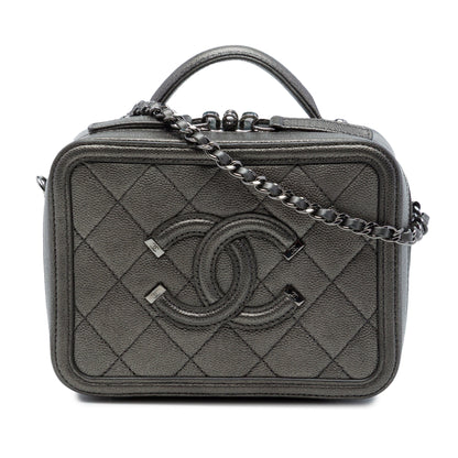 Second hand Chanel Vanity Case Small Caviar Leather CC Filigree Quilted Camera Crossbody Grey - Tabita Bags
