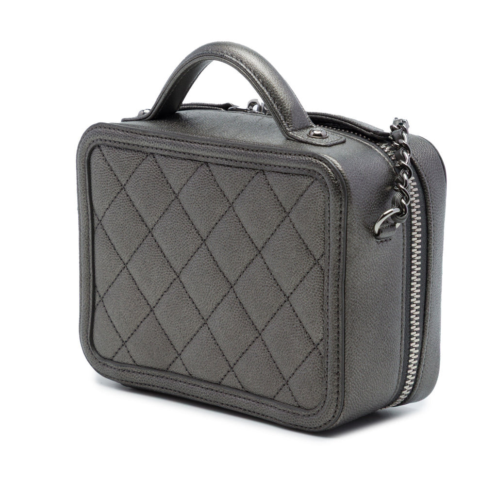 Second hand Chanel Vanity Case Small Caviar Leather CC Filigree Quilted Camera Crossbody Grey - Tabita Bags