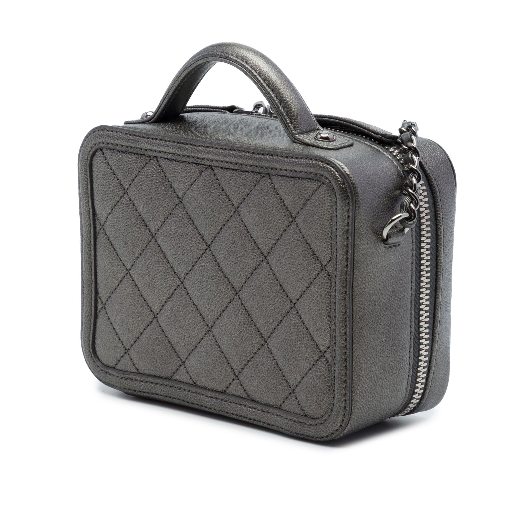 Second hand Chanel Vanity Case Small Caviar Leather CC Filigree Quilted Camera Crossbody Grey - Tabita Bags