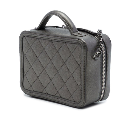 Second hand Chanel Vanity Case Small Caviar Leather CC Filigree Quilted Camera Crossbody Grey - Tabita Bags