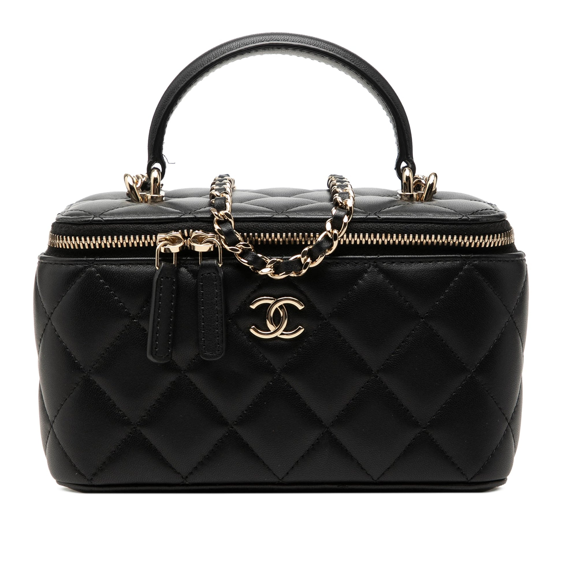 Second hand Chanel Vanity Case Small Lambskin Leather Quilted with Chain Handbag Black - Tabita Bags