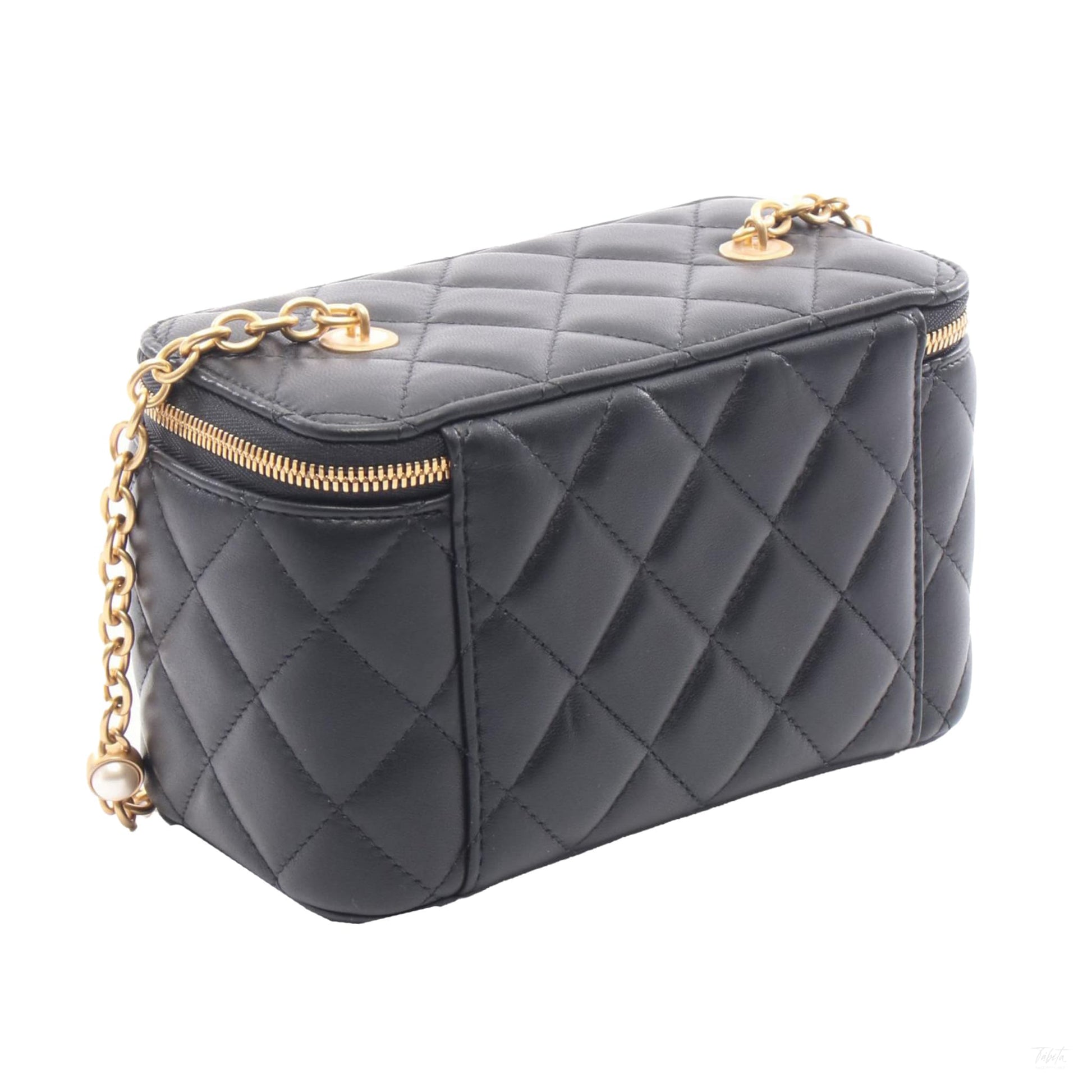 Second hand Chanel Vanity Case Small Lambskin Leather Quilted with Chain Handbag Black - Tabita Bags