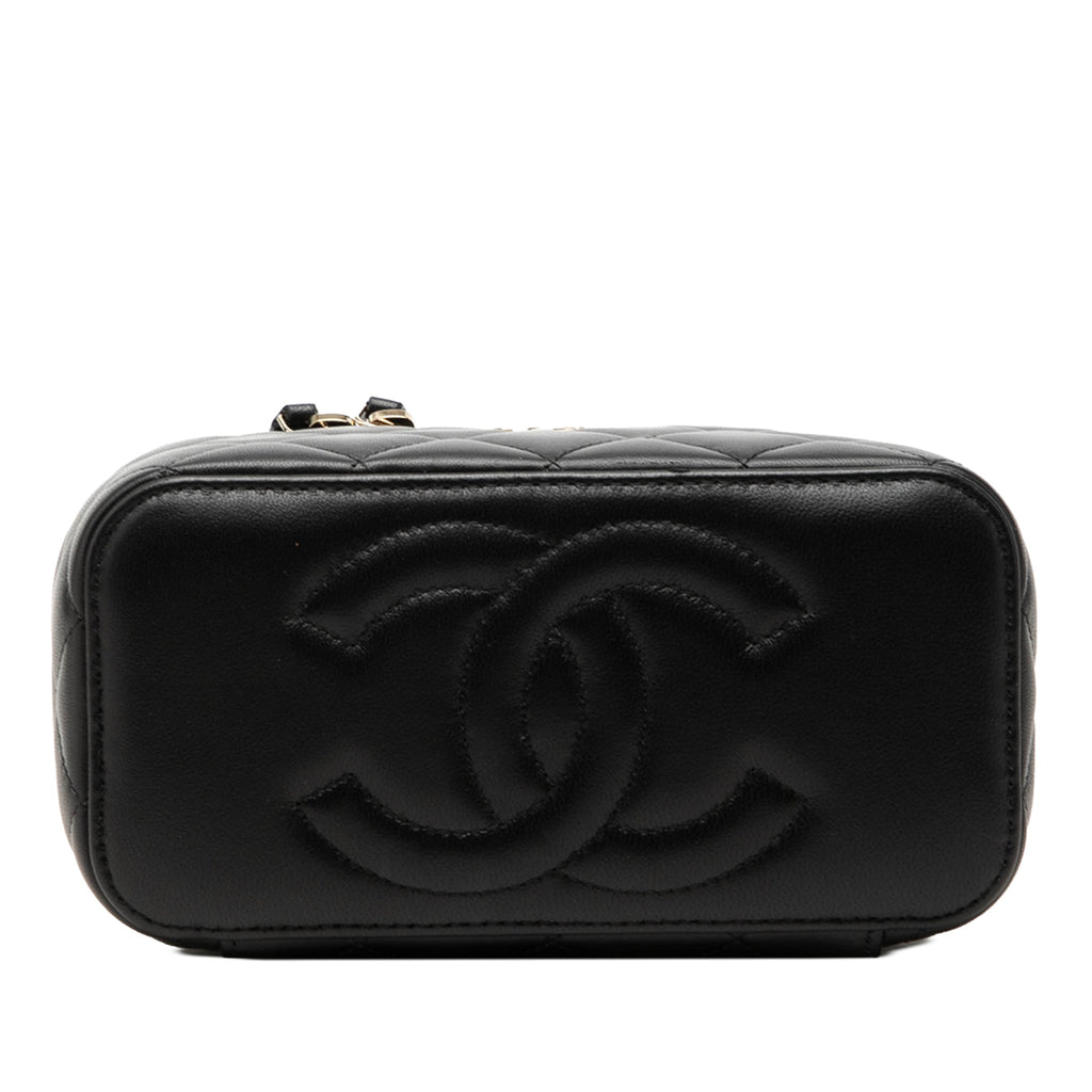 Second hand Chanel Vanity Case Small Lambskin Leather Quilted with Chain Handbag Black - Tabita Bags