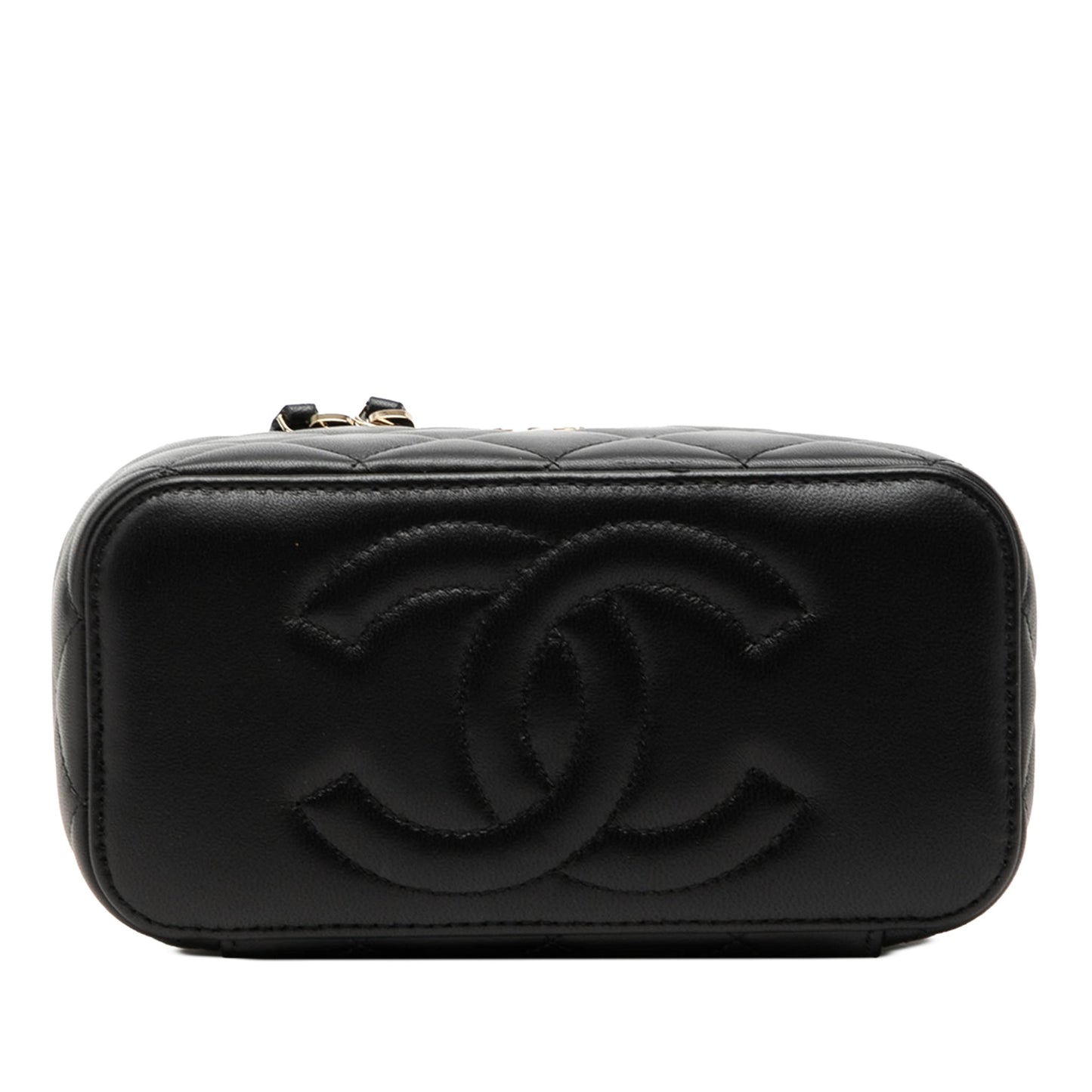 Second hand Chanel Vanity Case Small Lambskin Leather Quilted with Chain Handbag Black - Tabita Bags