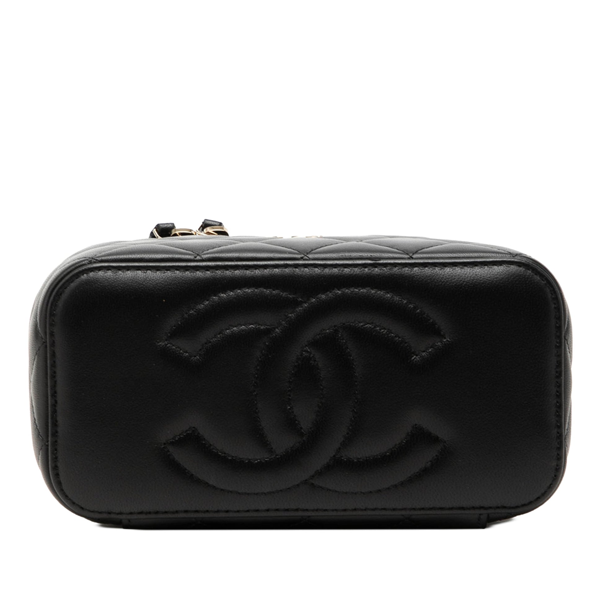 Second hand Chanel Vanity Case Small Lambskin Leather Quilted with Chain Handbag Black - Tabita Bags