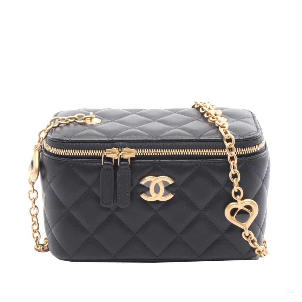 Second hand Chanel Vanity Case Small Lambskin Leather Quilted with Chain Handbag Black - Tabita Bags