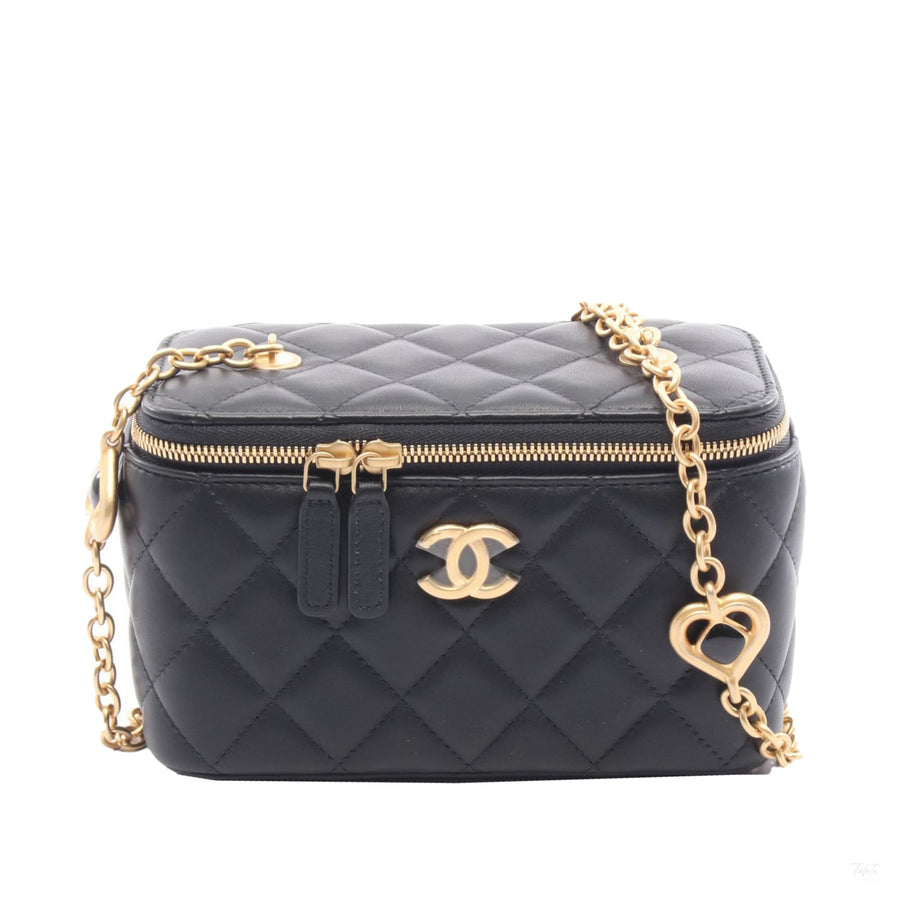 Second hand Chanel Vanity Case Small Lambskin Leather Quilted with Chain Handbag Black - Tabita Bags