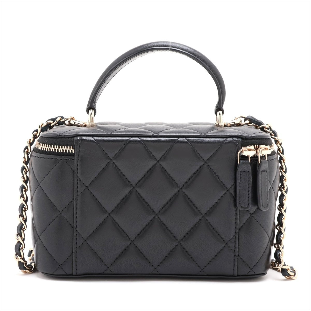 Second hand Chanel Vanity Case Small Lambskin Leather Quilted with Chain Handbag Black - Tabita Bags
