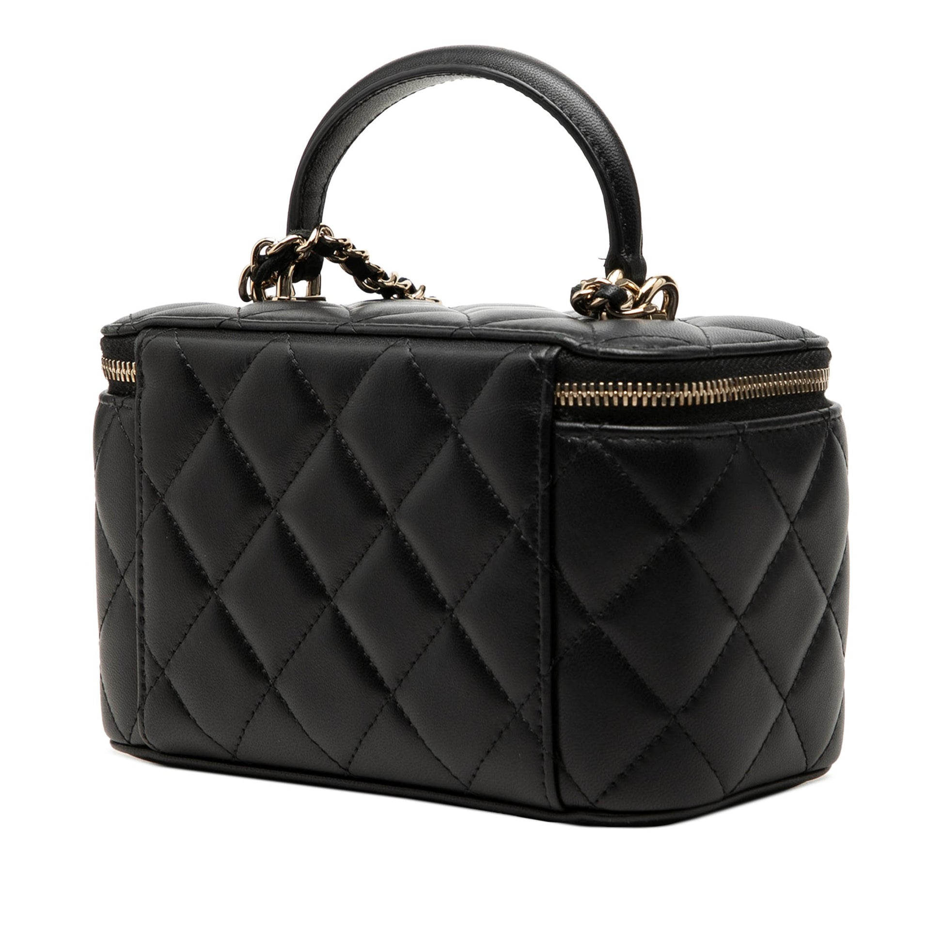 Second hand Chanel Vanity Case Small Lambskin Leather Quilted with Chain Handbag Black - Tabita Bags