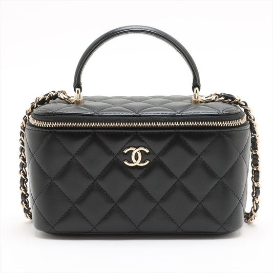 Second hand Chanel Vanity Case Small Lambskin Leather Quilted with Chain Handbag Black - Tabita Bags
