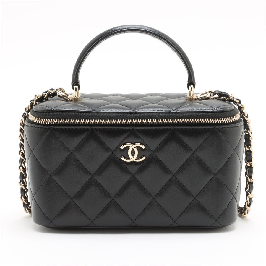 Second hand Chanel Vanity Case Small Lambskin Leather Quilted with Chain Handbag Black - Tabita Bags