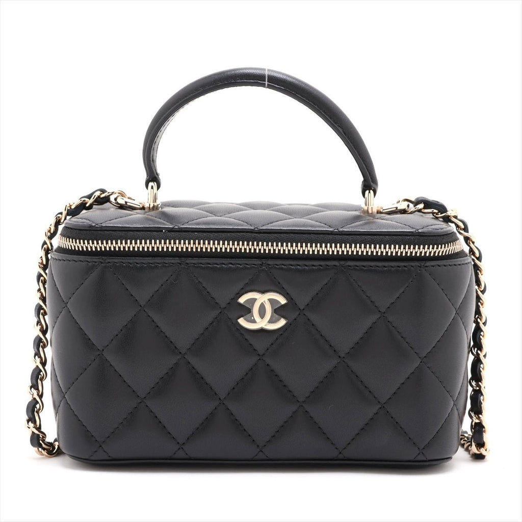 Second hand Chanel Vanity Case Small Lambskin Leather Quilted with Chain Handbag Black - Tabita Bags