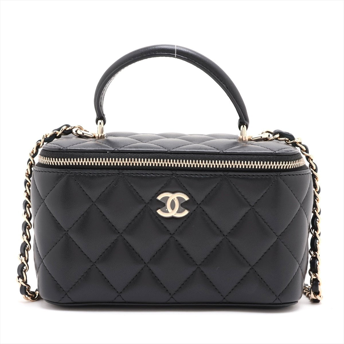 Second hand Chanel Vanity Case Small Lambskin Leather Quilted with Chain Handbag Black - Tabita Bags