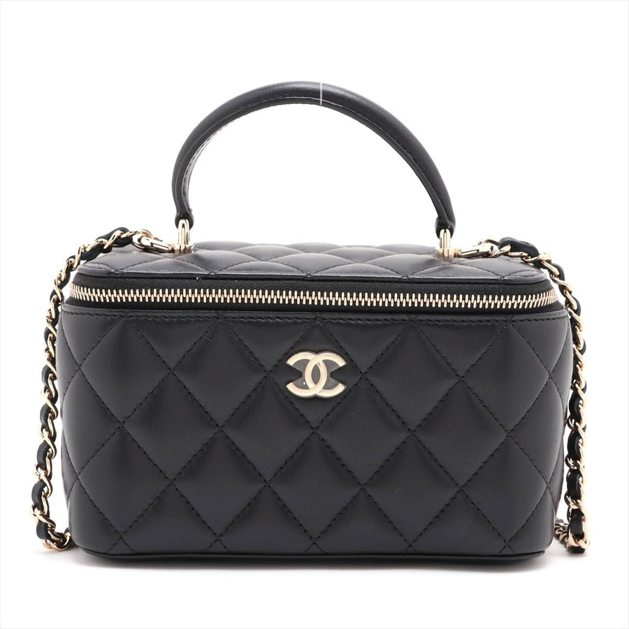 Second hand Chanel Vanity Case Small Lambskin Leather Quilted with Chain Handbag Black - Tabita Bags
