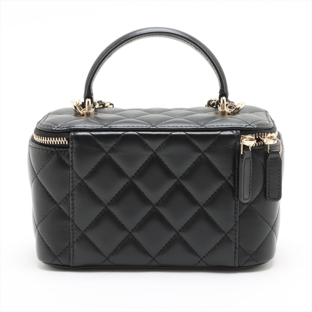 Second hand Chanel Vanity Case Small Lambskin Leather Quilted with Chain Handbag Black - Tabita Bags