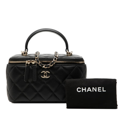 Second hand Chanel Vanity Case Small Lambskin Leather Quilted with Chain Handbag Black - Tabita Bags