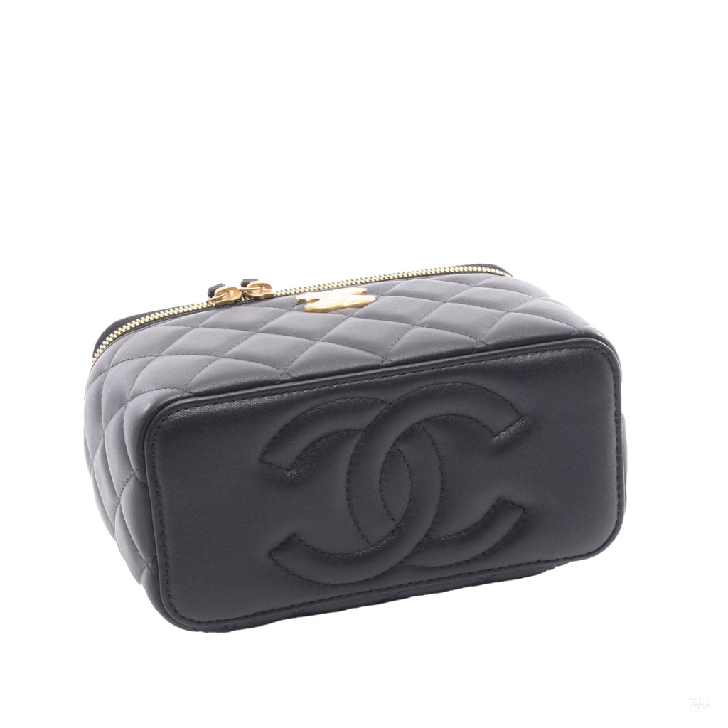 Second hand Chanel Vanity Case Small Lambskin Leather Quilted with Chain Handbag Black - Tabita Bags