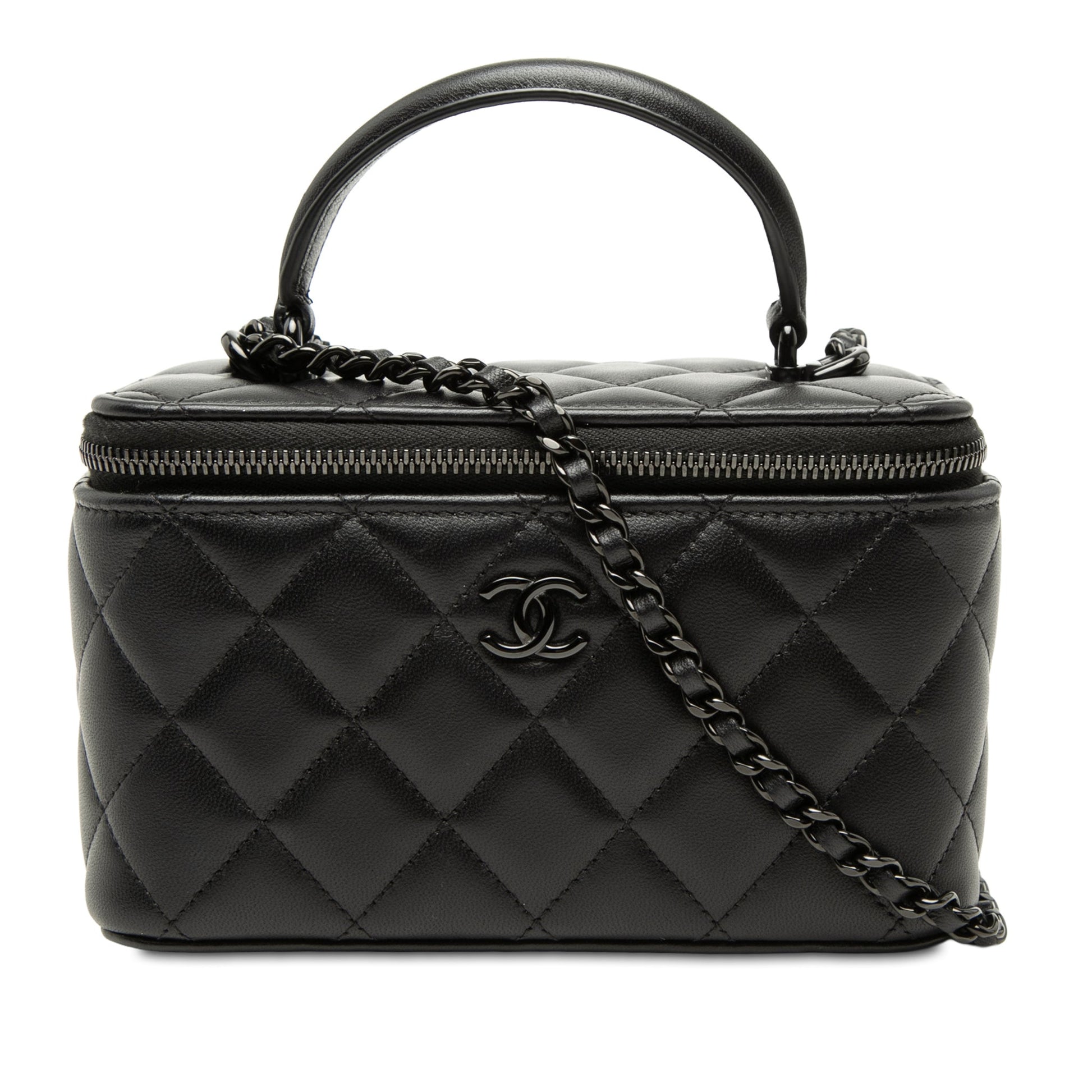 Second hand Chanel Vanity Case Small Lambskin Leather So Black Quilted with Chain Handbag Black - Tabita Bags