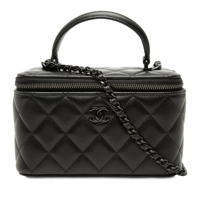 Second hand Chanel Vanity Case Small Lambskin Leather So Black Quilted with Chain Handbag Black - Tabita Bags