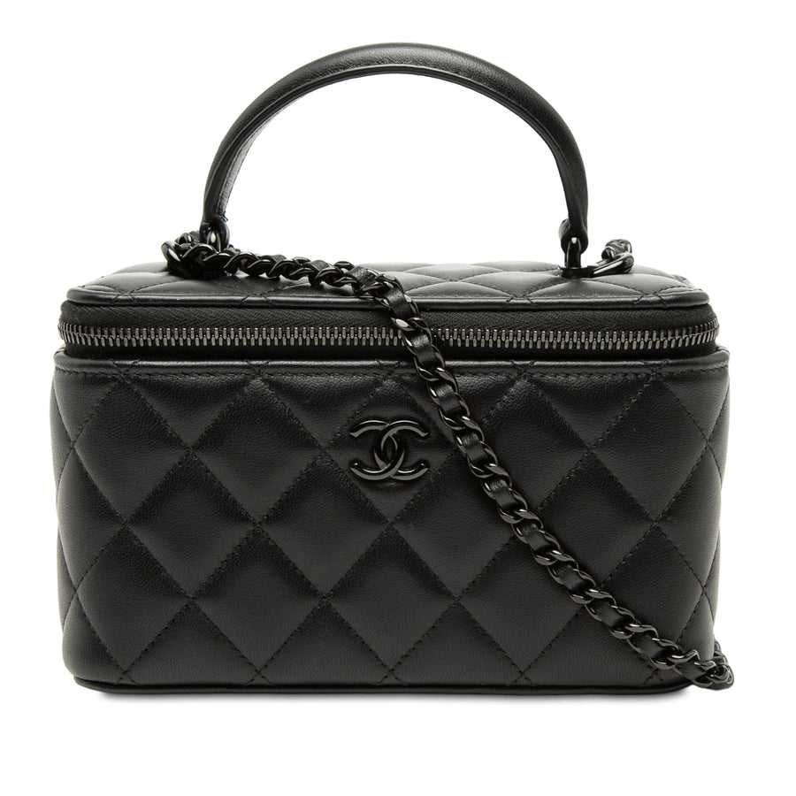Second hand Chanel Vanity Case Small Lambskin Leather So Black Quilted with Chain Handbag Black - Tabita Bags