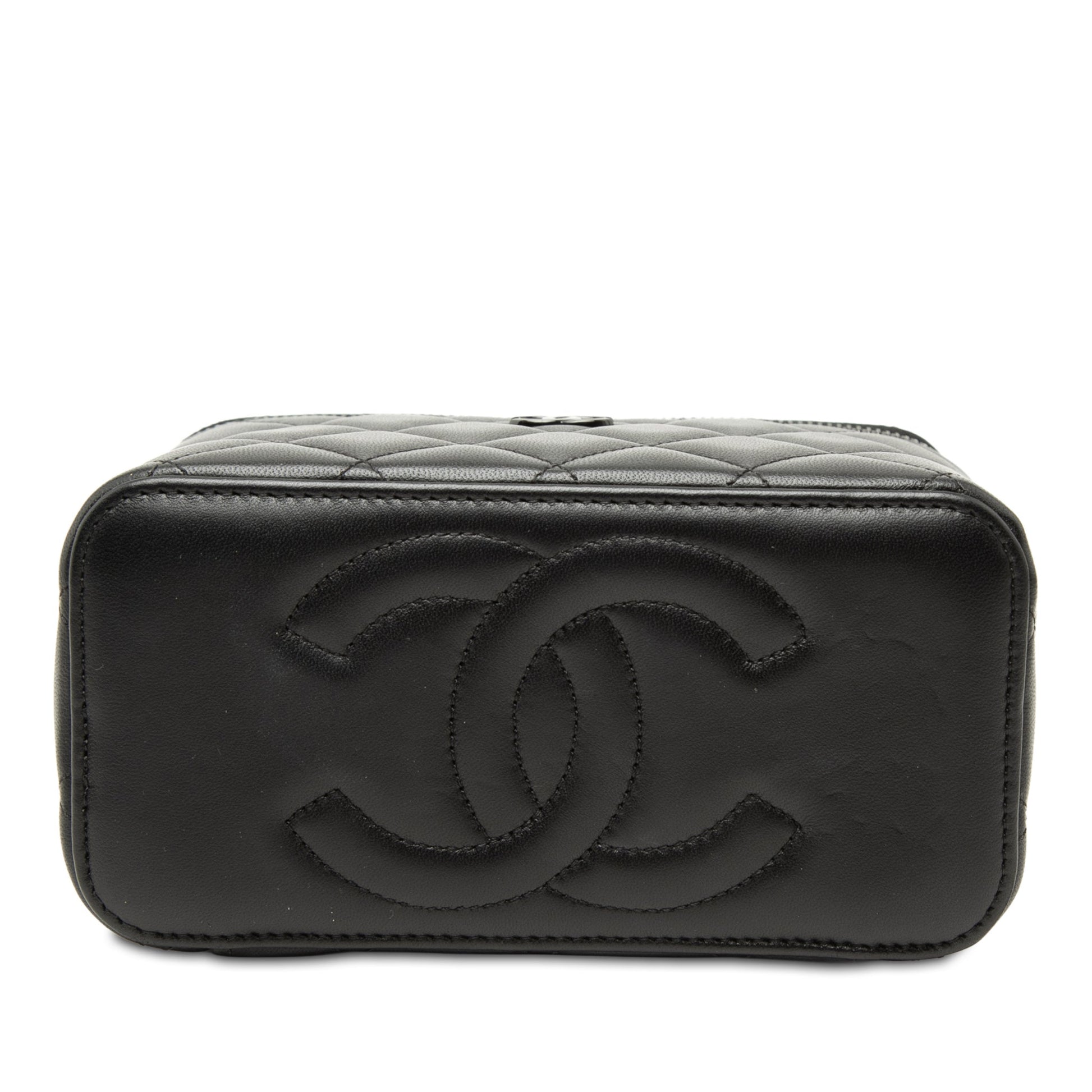 Second hand Chanel Vanity Case Small Lambskin Leather So Black Quilted with Chain Handbag Black - Tabita Bags