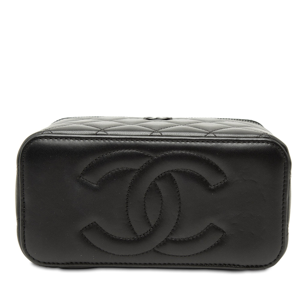 Second hand Chanel Vanity Case Small Lambskin Leather So Black Quilted with Chain Handbag Black - Tabita Bags