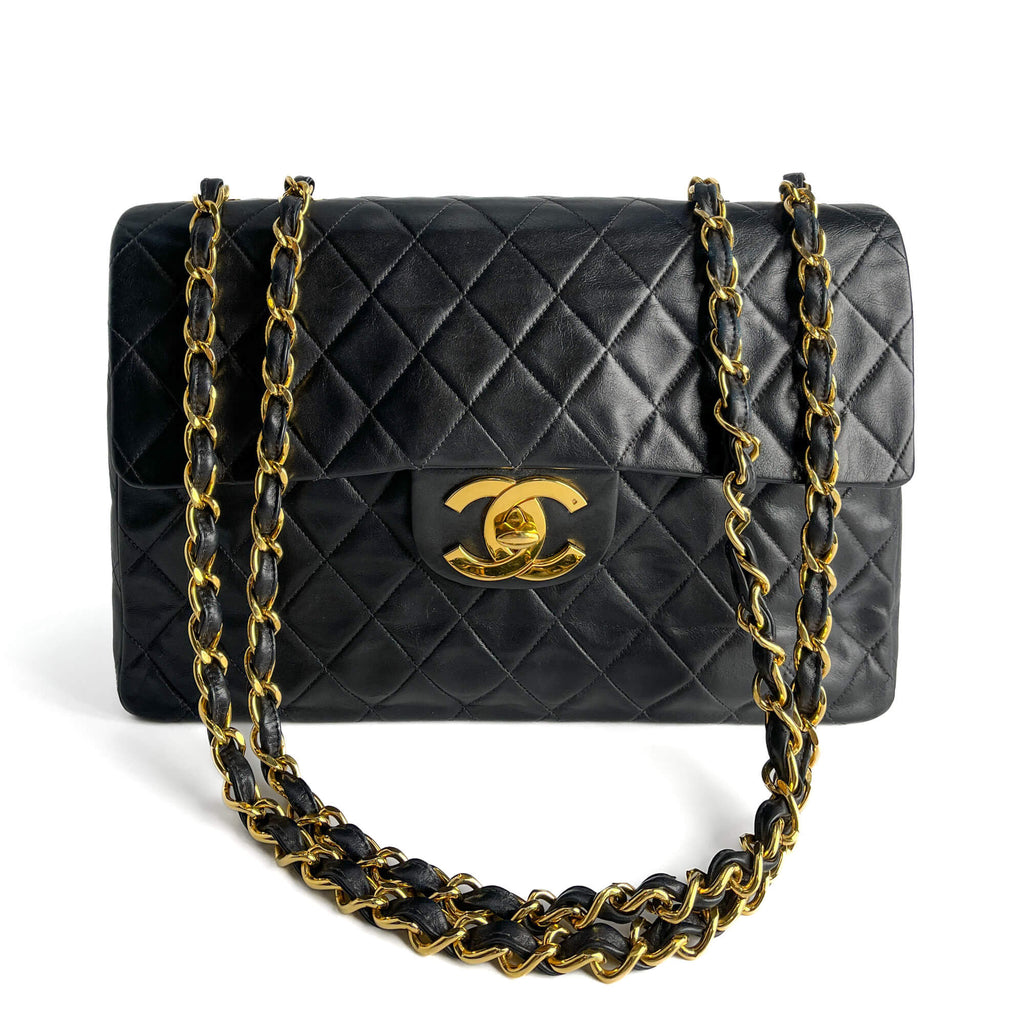 Second hand Chanel Vintage Classic Double Flap Maxi Jumbo XL Matelassè Lambskin Leather Flap Handbag Black - Tabita Bags