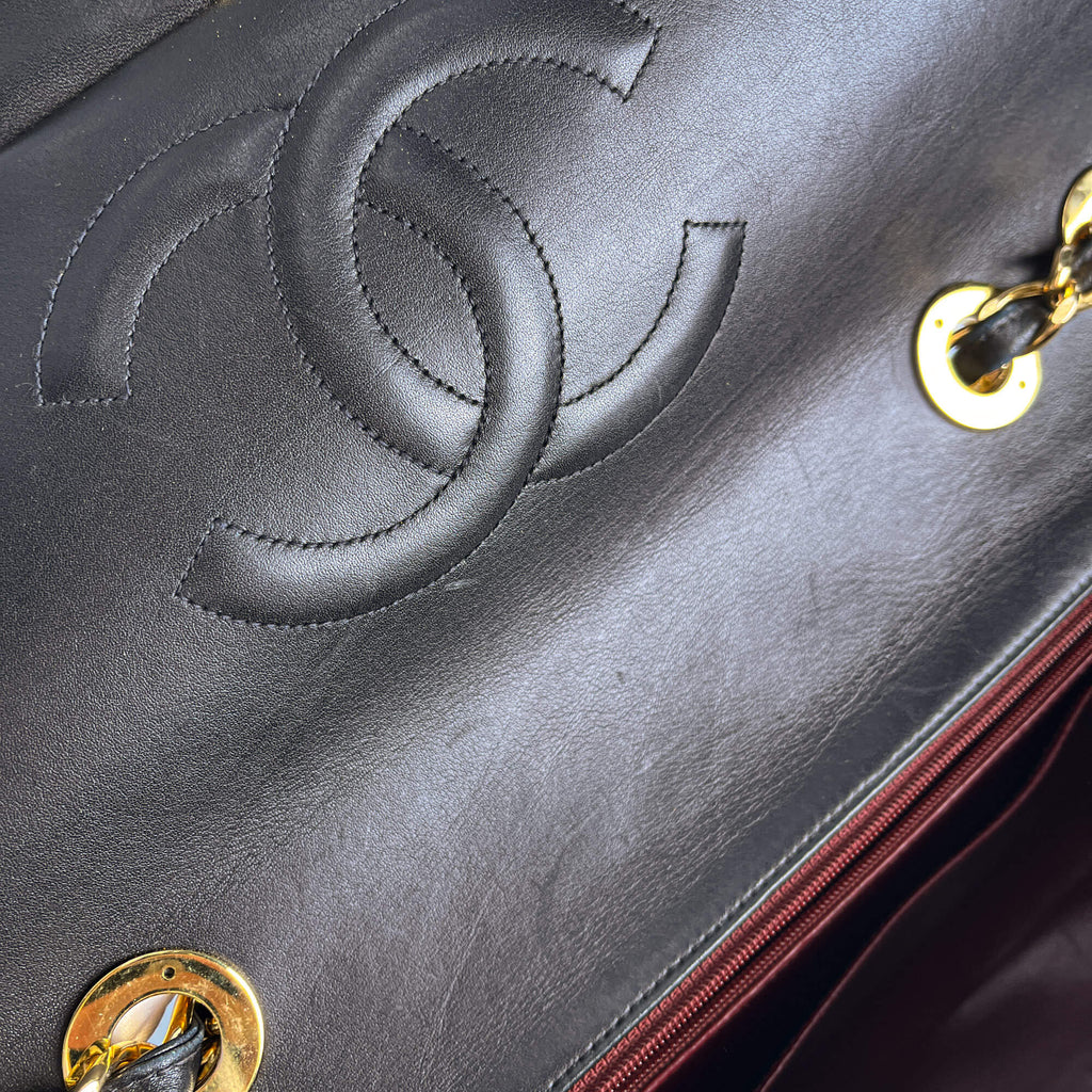 Second hand Chanel Vintage Classic Double Flap Maxi Jumbo XL Matelassè Lambskin Leather Flap Handbag Black - Tabita Bags
