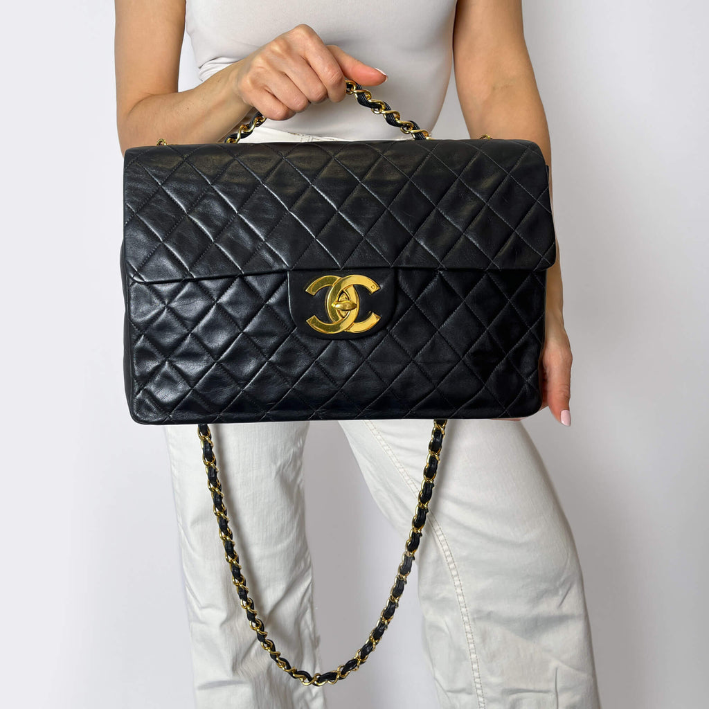 Second hand Chanel Vintage Classic Double Flap Maxi Jumbo XL Matelassè Lambskin Leather Flap Handbag Black - Tabita Bags