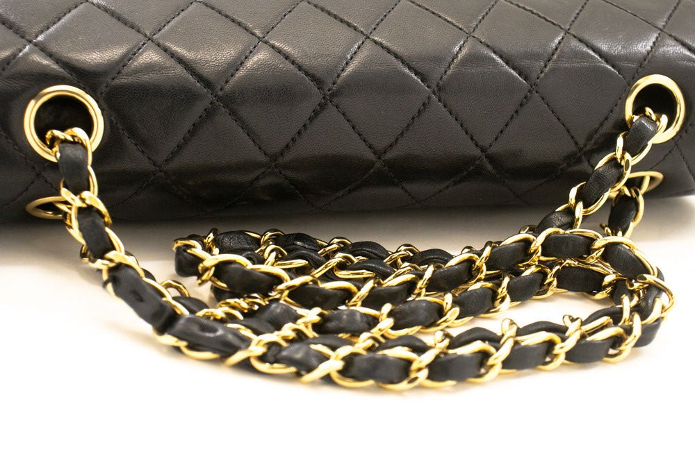 Second hand Chanel Vintage Classic Double Flap Medium Lambskin Leather Matelassè Shoulder Bag Black - Tabita Bags