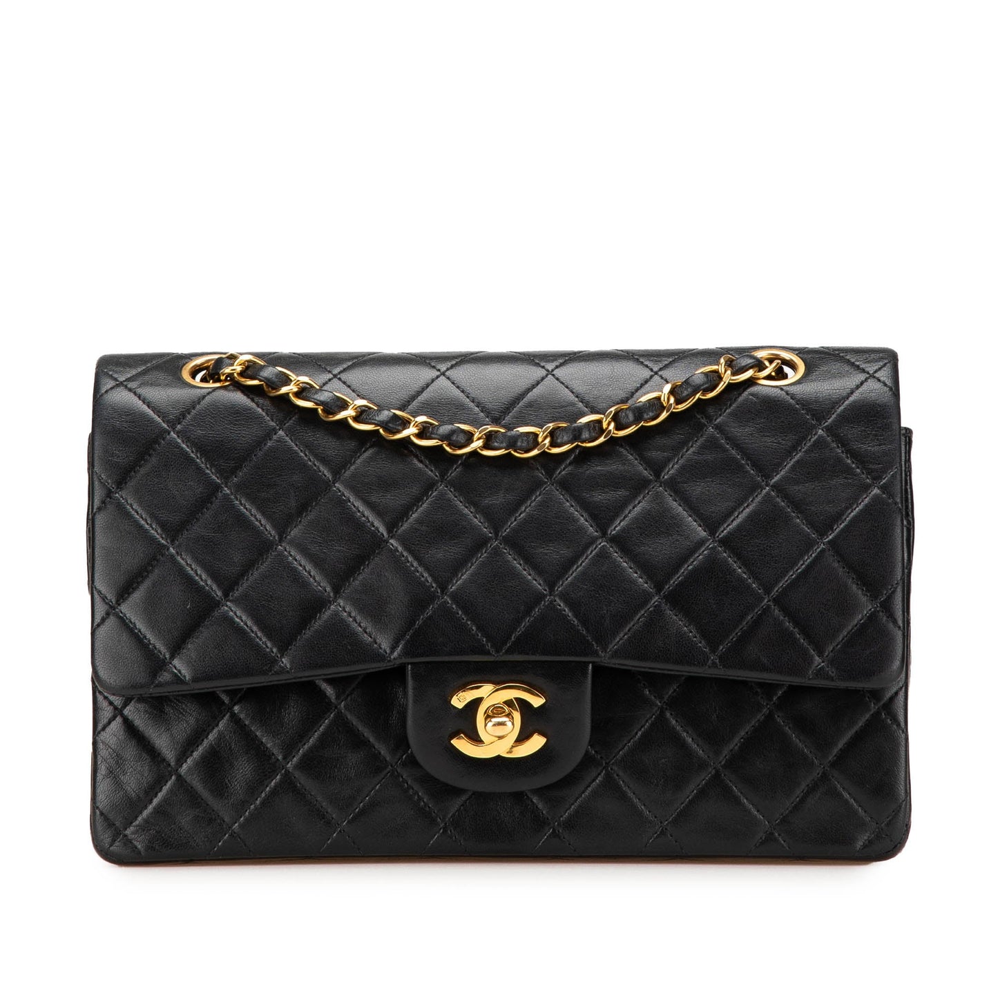 Second hand Chanel Vintage Classic Double Flap Medium Lambskin Leather Matelassè Shoulder Bag Black - Tabita Bags