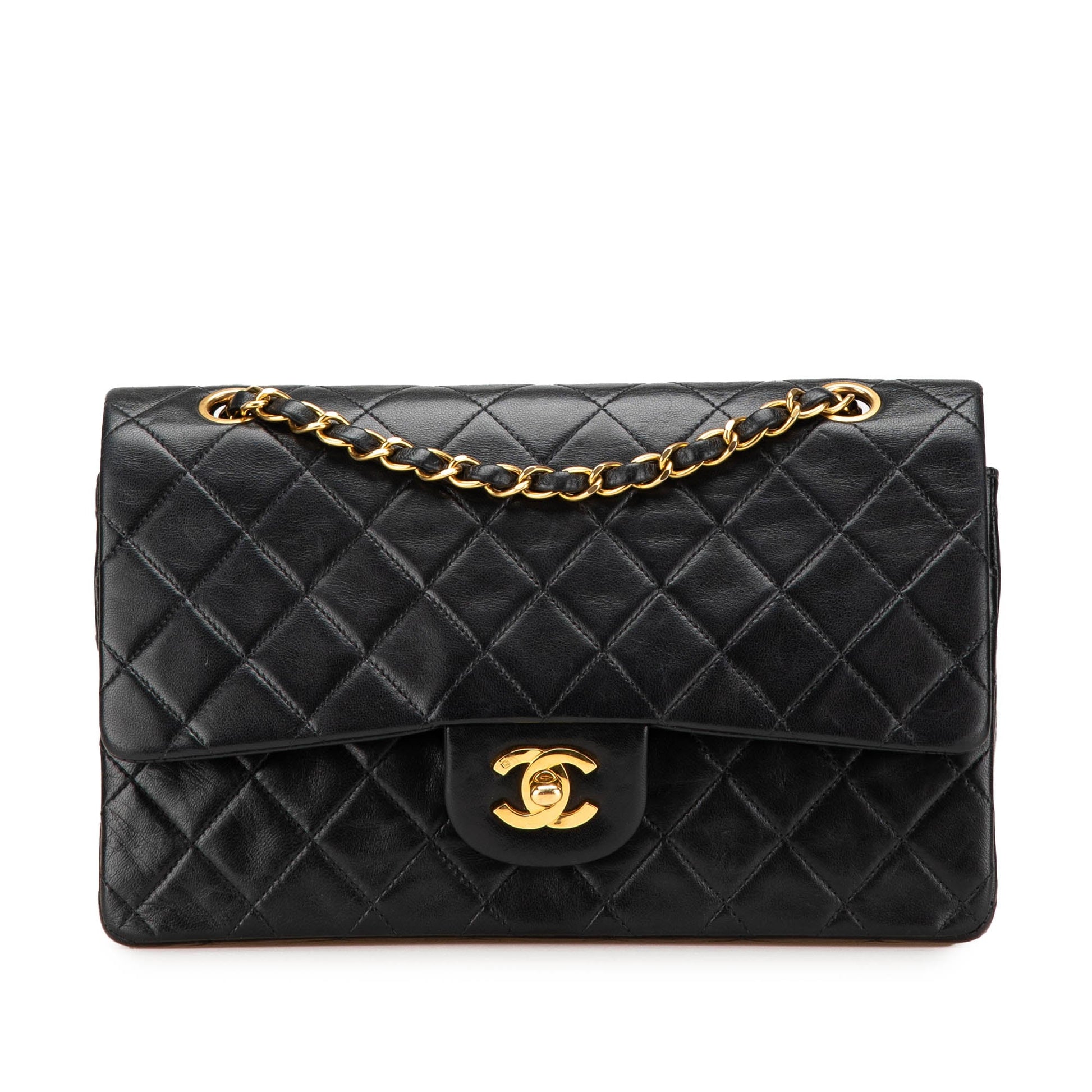 Second hand Chanel Vintage Classic Double Flap Medium Lambskin Leather Matelassè Shoulder Bag Black - Tabita Bags
