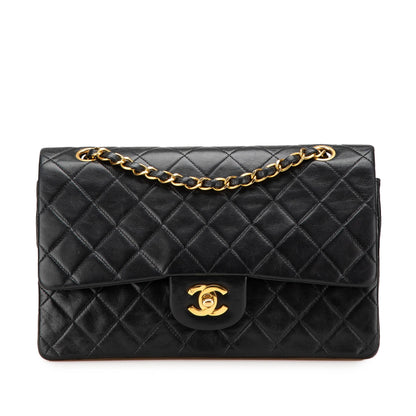 Second hand Chanel Vintage Classic Double Flap Medium Lambskin Leather Matelassè Shoulder Bag Black - Tabita Bags