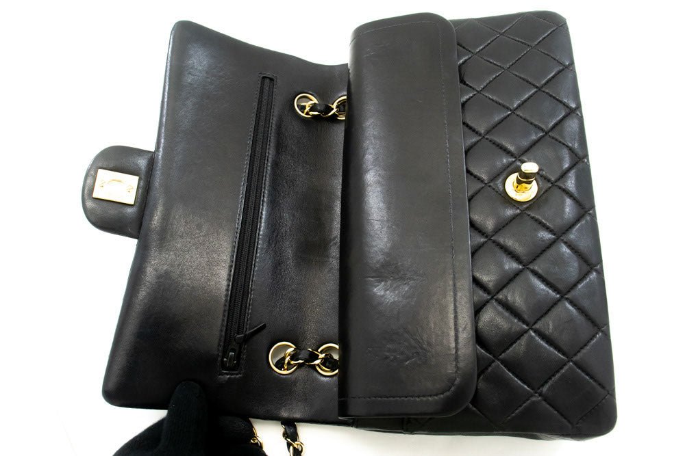 Second hand Chanel Vintage Classic Double Flap Medium Lambskin Leather Matelassè Shoulder Bag Black - Tabita Bags