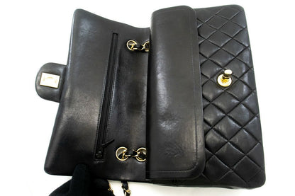 Second hand Chanel Vintage Classic Double Flap Medium Lambskin Leather Matelassè Shoulder Bag Black - Tabita Bags