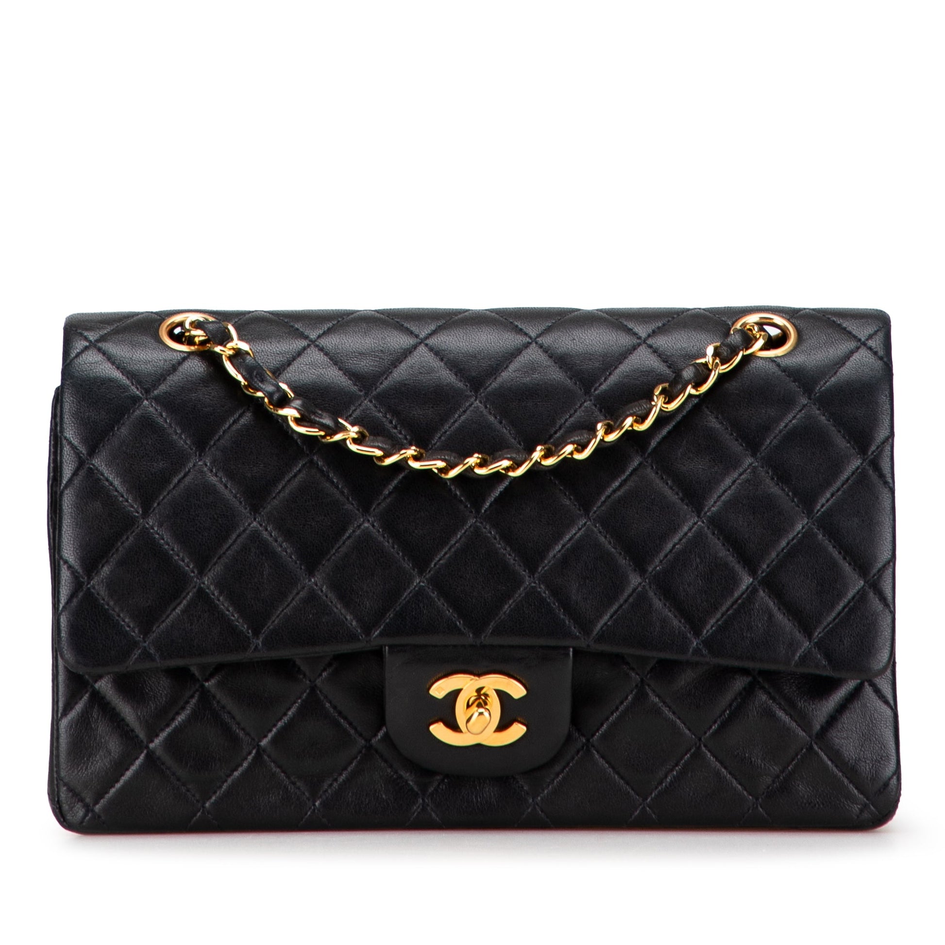 Second hand Chanel Vintage Classic Double Flap Medium Lambskin Leather Matelassè Shoulder Bag Black - Tabita Bags