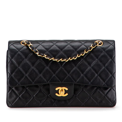 Second hand Chanel Vintage Classic Double Flap Medium Lambskin Leather Matelassè Shoulder Bag Black - Tabita Bags