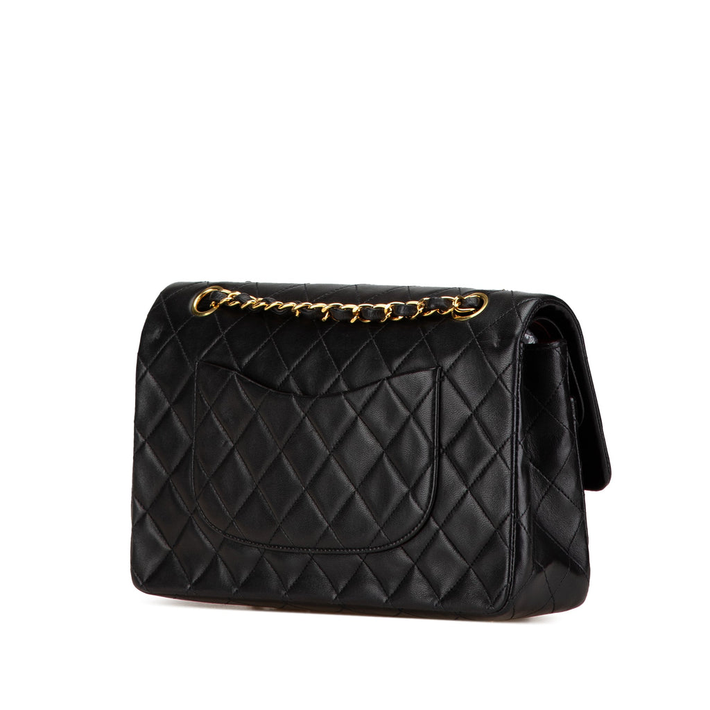 Second hand Chanel Vintage Classic Double Flap Medium Lambskin Leather Matelassè Shoulder Bag Black - Tabita Bags