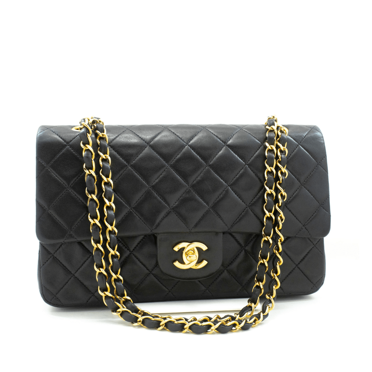 Second hand Chanel Vintage Classic Double Flap Medium Lambskin Leather Matelassè Shoulder Bag Black - Tabita Bags