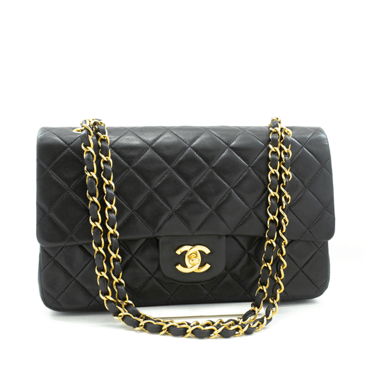 Second hand Chanel Vintage Classic Double Flap Medium Lambskin Leather Matelassè Shoulder Bag Black - Tabita Bags