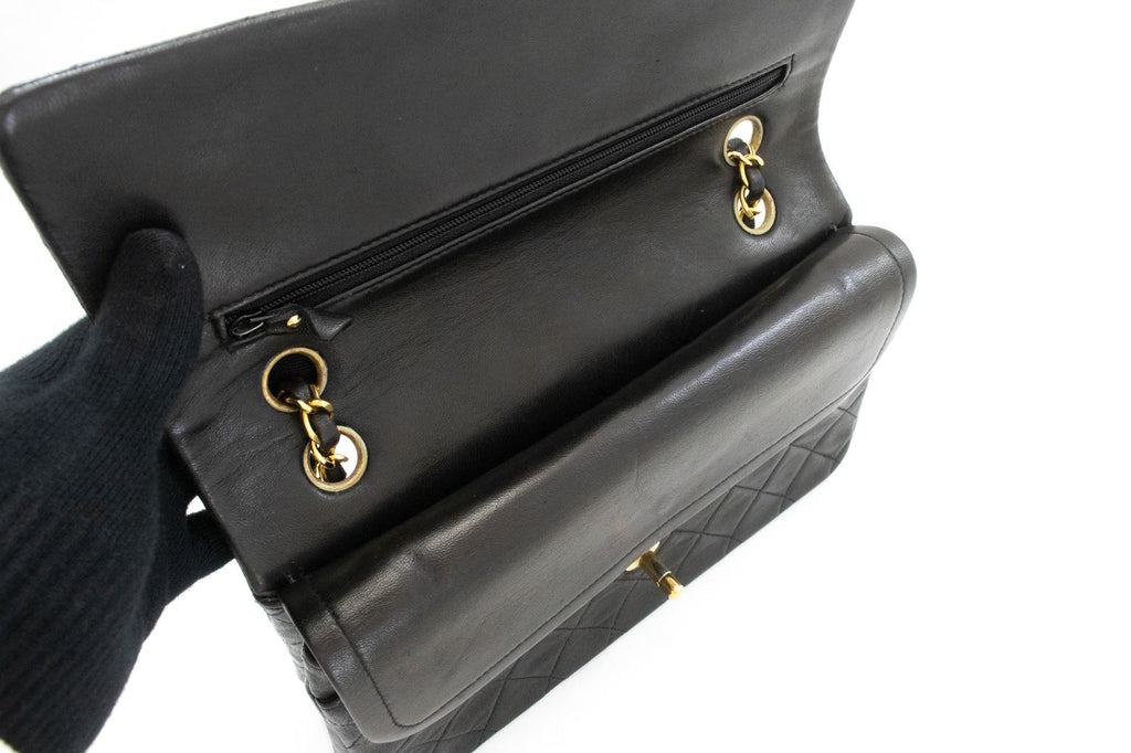 Second hand Chanel Vintage Classic Double Flap Medium Lambskin Leather Matelassè Shoulder Bag Black - Tabita Bags