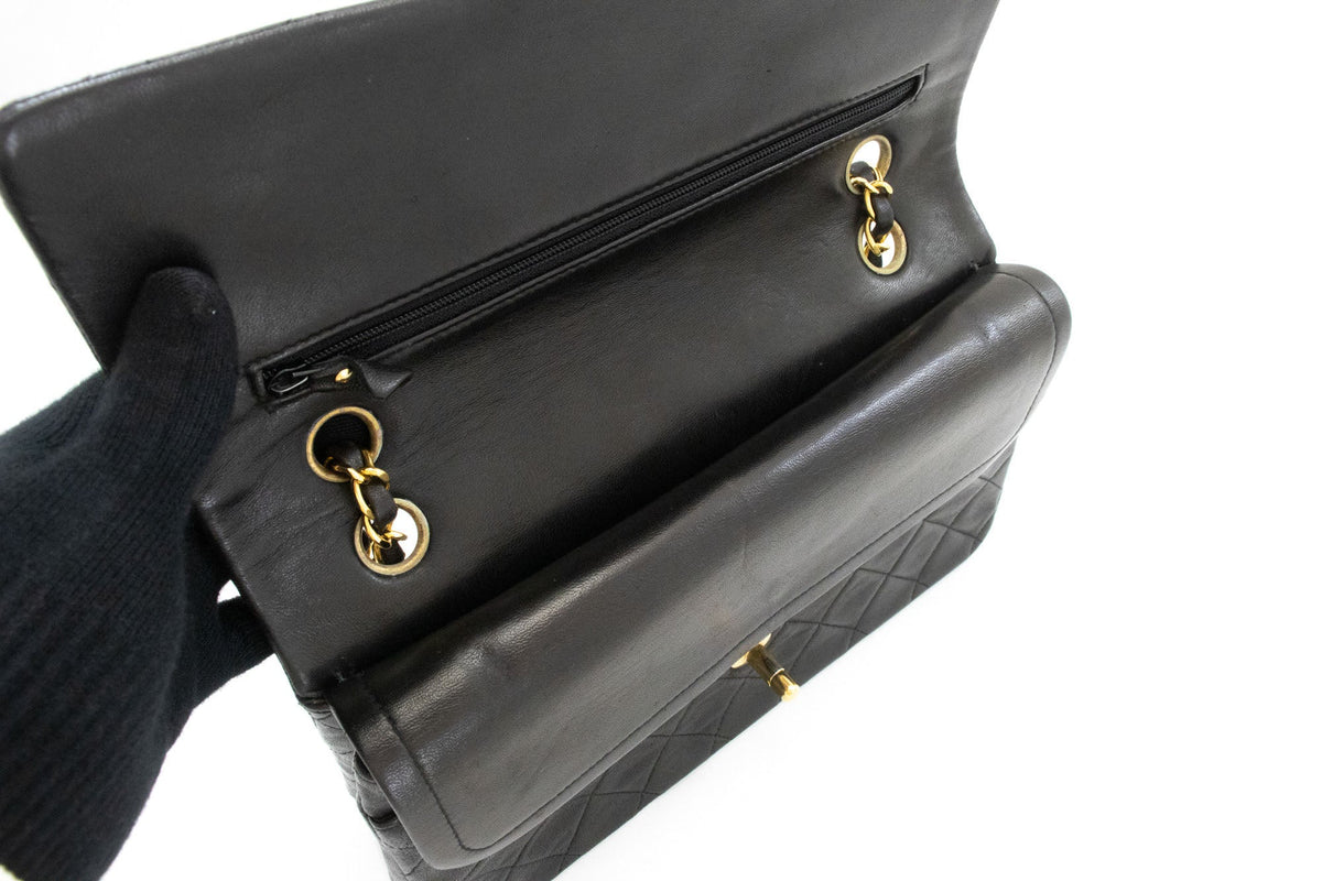 Second hand Chanel Vintage Classic Double Flap Medium Lambskin Leather Matelassè Shoulder Bag Black - Tabita Bags