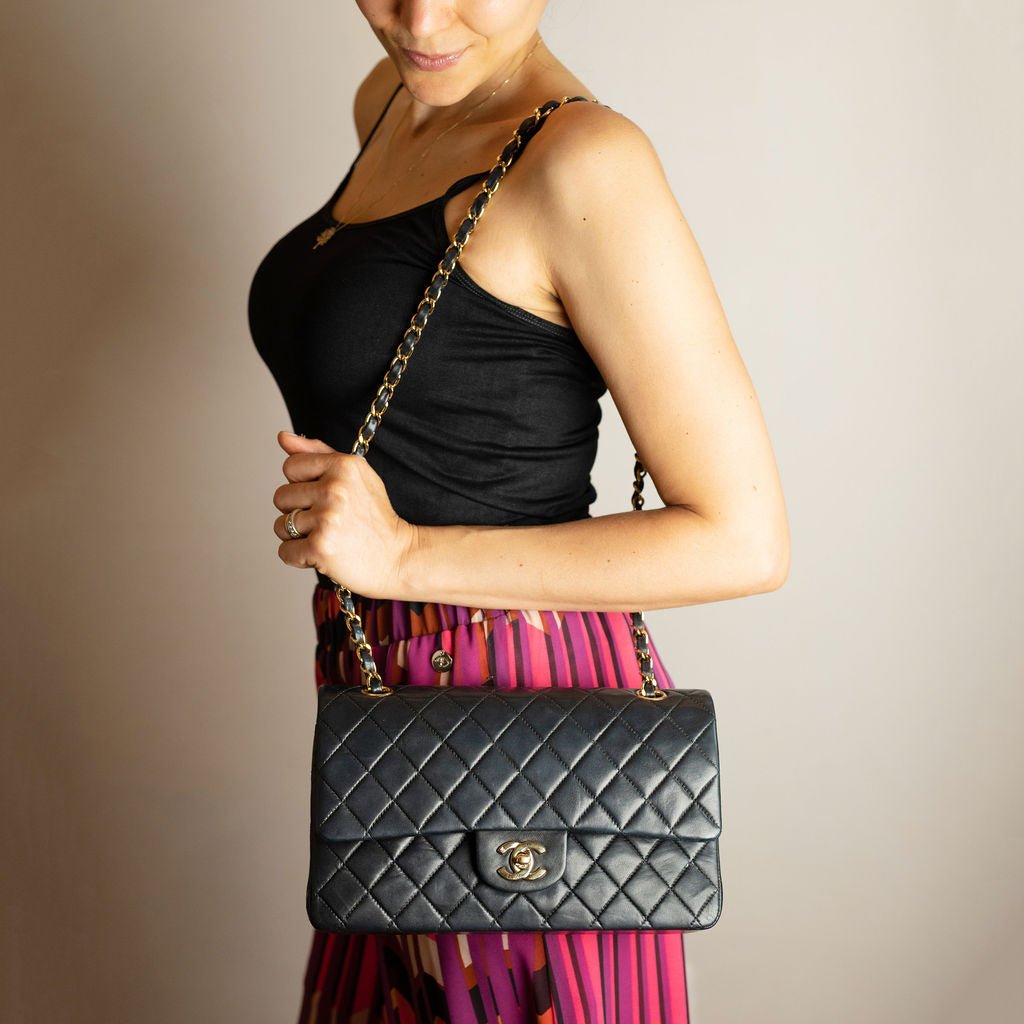 Second hand Chanel Vintage Classic Double Flap Medium Lambskin Leather Matelassè Shoulder Bag Black - Tabita Bags