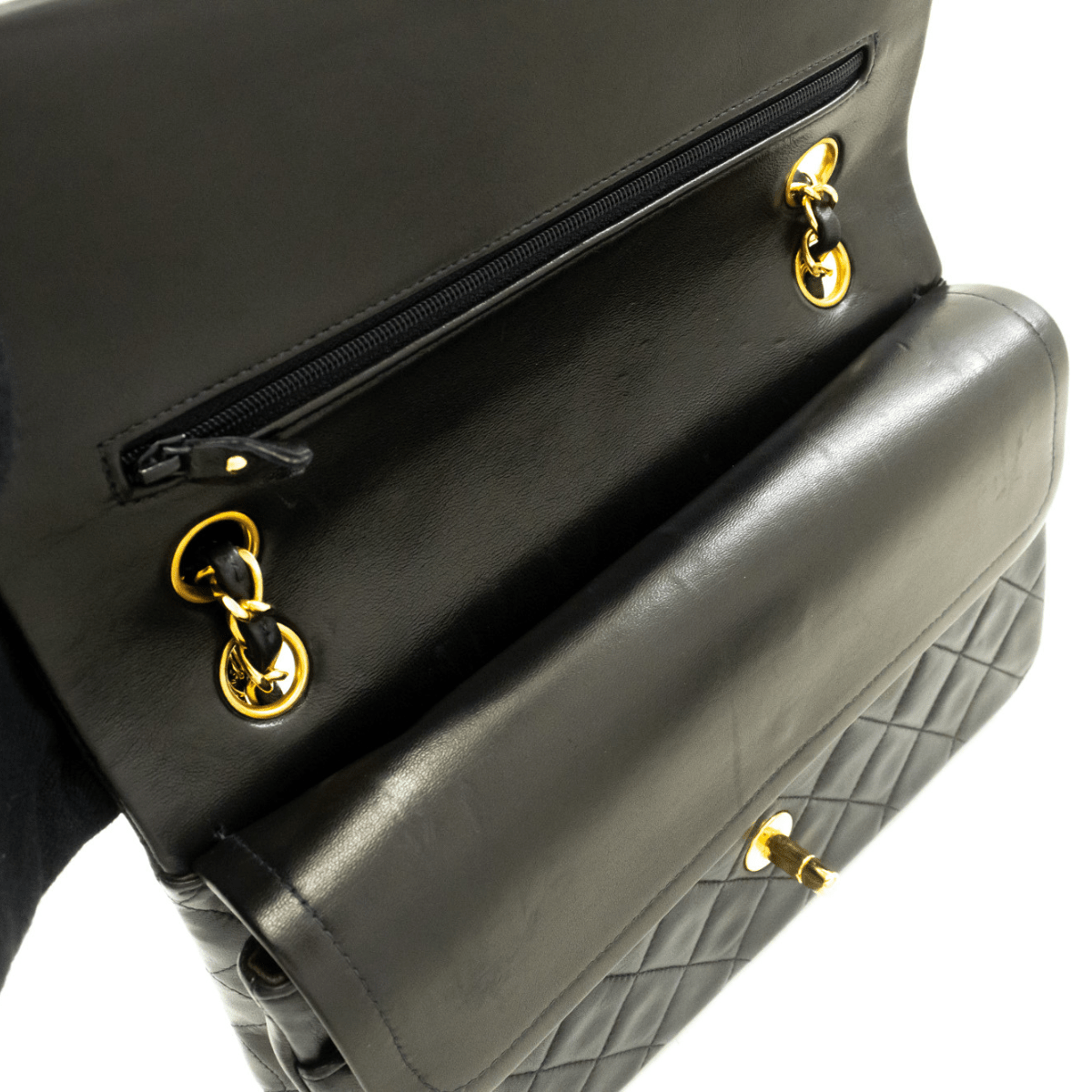 Second hand Chanel Vintage Classic Double Flap Medium Lambskin Leather Matelassè Shoulder Bag Black - Tabita Bags