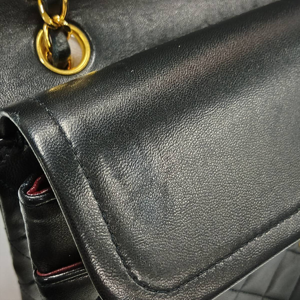 Second hand Chanel Vintage Classic Double Flap Medium Lambskin Leather Matelassè Shoulder Bag Black - Tabita Bags