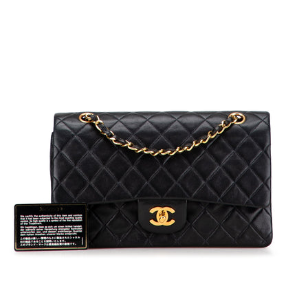 Second hand Chanel Vintage Classic Double Flap Medium Lambskin Leather Matelassè Shoulder Bag Black - Tabita Bags
