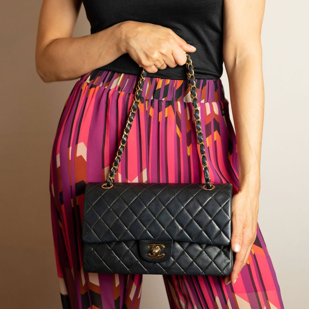 Second hand Chanel Vintage Classic Double Flap Medium Lambskin Leather Matelassè Shoulder Bag Black - Tabita Bags
