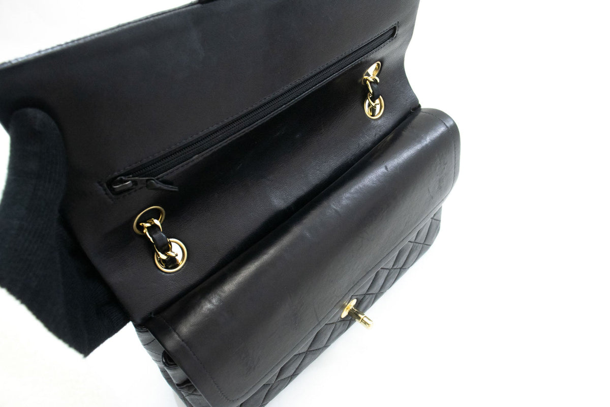 Second hand Chanel Vintage Classic Double Flap Medium Lambskin Leather Matelassè Shoulder Bag Black - Tabita Bags