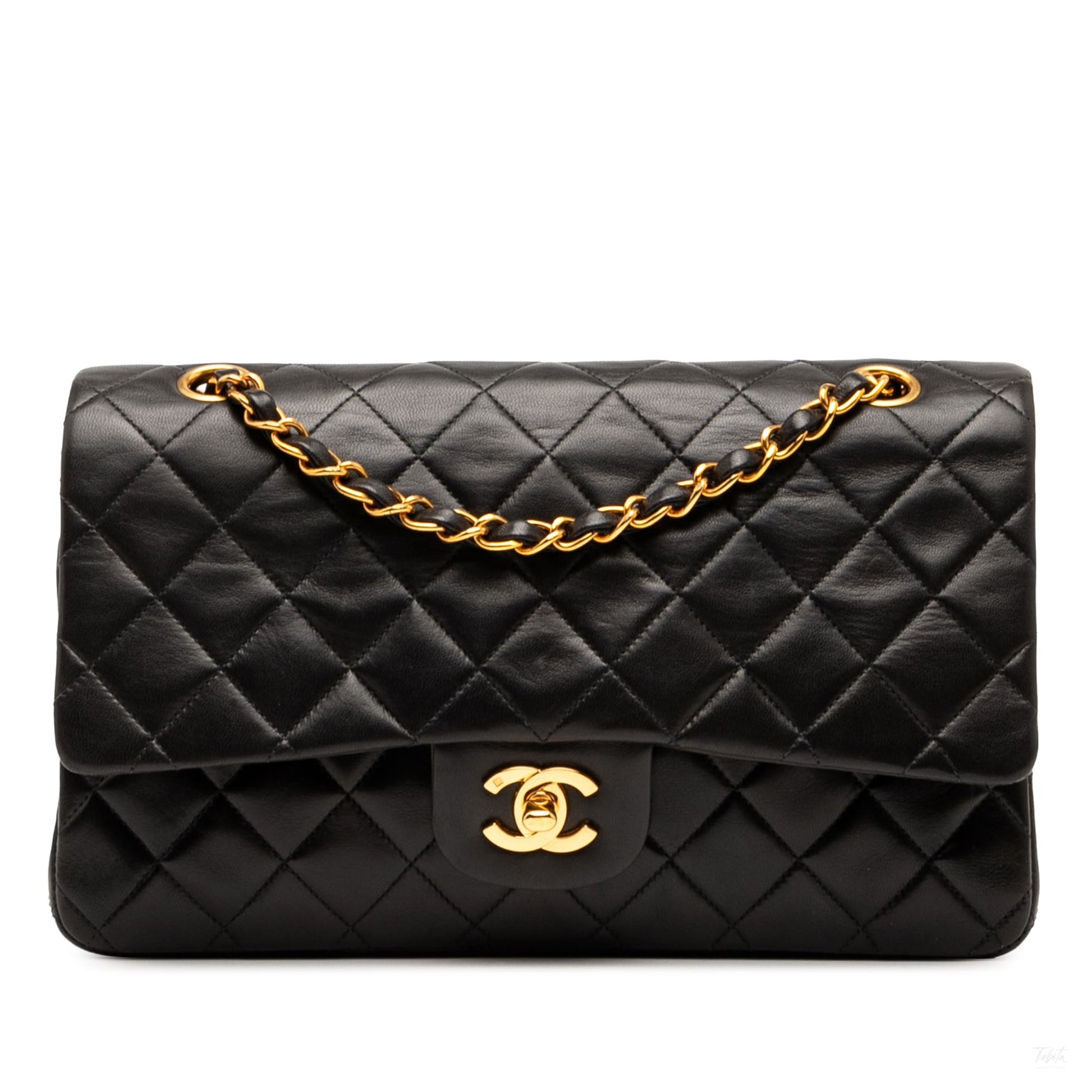 Second hand Chanel Vintage Classic Double Flap Medium Lambskin Leather Matelassè Shoulder Bag Black - Tabita Bags